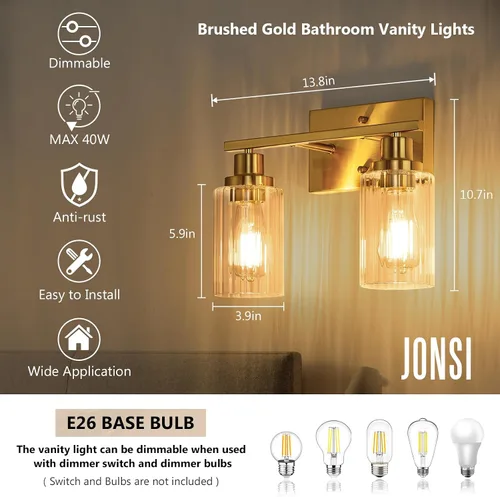 Vista 3 de Jonsi Accesorios de iluminación de baño dorados, 2 luces de tocador de oro cepillado con pantalla de vidrio estriada, luces modernas sobre espejo