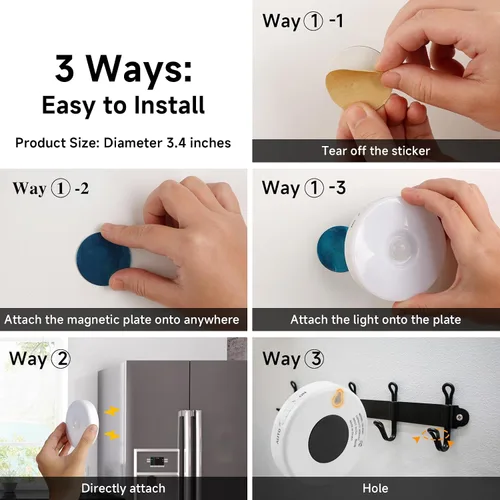 Vista 6 de Luz de sensor de movimiento LED recargable mejorada para interiores, batería brillante y duradera, luces de disco adhesivas con sensor de movimiento