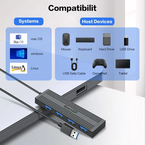 Vista 6 de Hub de datos ultrafino USB 3.0 de 4 puertos, expansor de puerto USB de alta velocidad para laptop, MacBook, iMac, Surface Pro, XPS, unidades flash