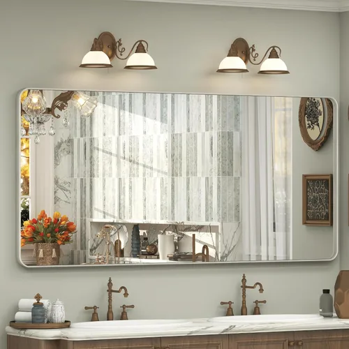 Vista 10 de Espejo rectangular para pared de baño de 20x30 pulgadas con marco negro mate, espejo de tocador con esquinas redondeadas, espejo de baño de metal