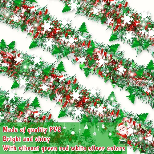 Vista 5 de 50 pies de decoraciones de Navidad con guirnalda de oropel con copo de nieve, árbol de Navidad rojo verde plateado brillante metálico girado