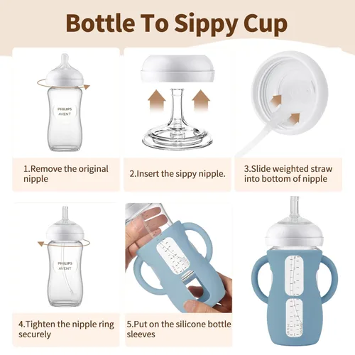 Vista 5 de Kit de Conversión de Vaso con Pajita con Fundas de Silicona para Biberón de Vidrio Natural Avent de 8oz, Kit de Transición de Vasos Entrenadores