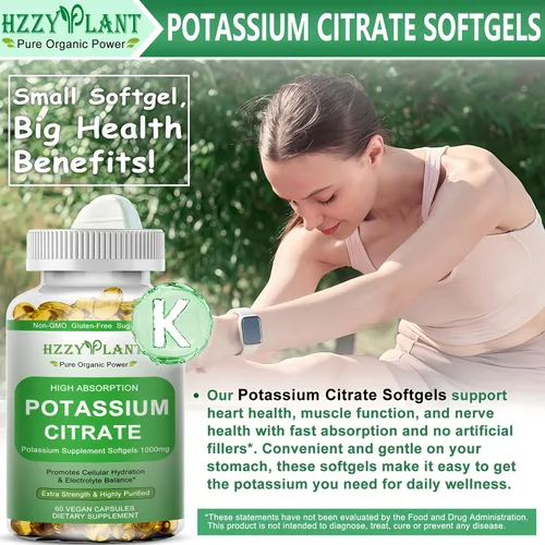 Vista 2 de Cápsulas blandas de suplemento de potasio, citrato de potasio de alta absorción, 1000 mg para equilibrio electrolítico muscular, corazón y soporte