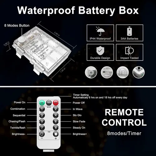 Vista 4 de JMEXSUSS Cuerda de luces LED de 100 luces LED que funcionan con pilas, resistente al agua, 33 pies, 8 modos, luces de batería al aire libre