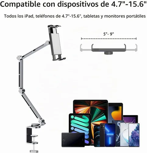 Vista 4 de Soporte para iPad para escritorio de aleación de aluminio, soporte plegable para tableta, soporte para brazo superior, compatible con teléfono