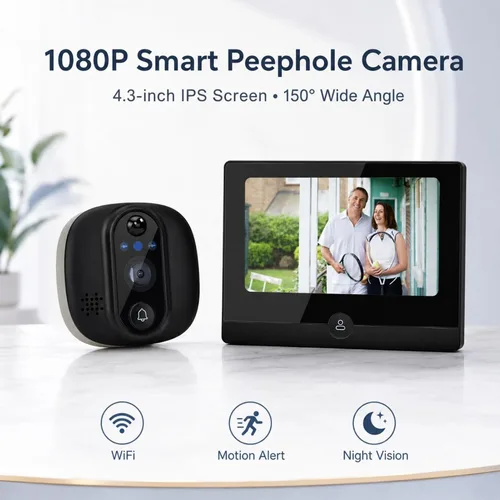 Vista 5 de Timbre de video inteligente, timbre visual inteligente de 1080P con pantalla de 4.3 pulgadas, audio de 2 vías, detección de movimiento PIR, visión
