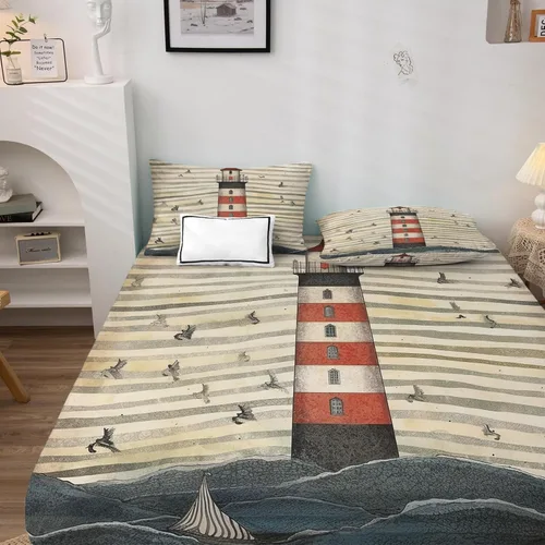 Vista 2 de Lighthouse Sábanas tamaño individual, sábanas náuticas a rayas, sábanas y fundas de almohada con patrón de 3 piezas, sábana bajera ajustable