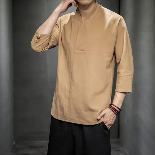 Vista 3 de Camiseta de manga corta de lino sólido con cuello en V para hombre, casual, holgada, ajustada, cómoda