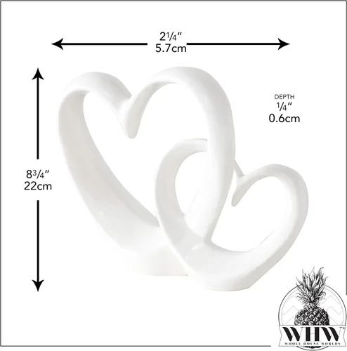 Vista 5 de Eternity - Escultura de doble corazón, arte moderno decorativo, gres esmaltado blanco, 10 1/4 pulgadas de alto