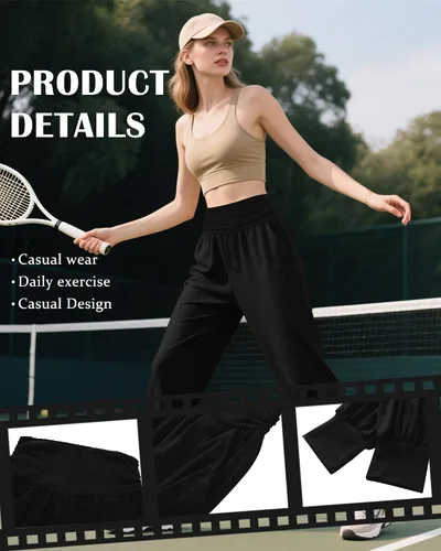 Vista 5 de Paquete de 2 pantalones deportivos de yoga para mujer, cómodos pantalones deportivos con bolsillos, casuales, holgados, cómodos y de cintura alta