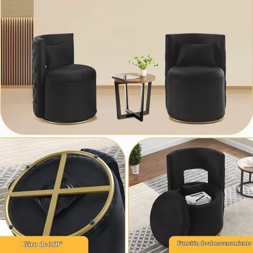 Vista 3 de Silla de acento giratoria, sofá redondo de terciopelo de almacenamiento, silla tapizada con barril moderno para guardería, sala de estar, hotel