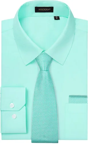 Vista 82 de HISDERN Mens Dress Shirt with Tie Pocket Square Set Classic Button Down Shirt Matching Tie Long Sleeve Shirts 08-verde