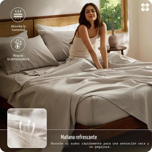 Vista 5 de Bedsure Sábanas de lino, cama tamaño Queen, mezcla de sábanas de lino y algodón, sábanas de algodón transpirable, regalos para todas las estaciones