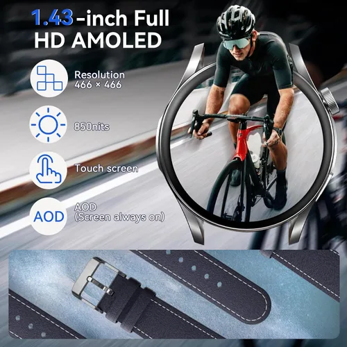 Vista 2 de Reloj inteligente (respuesta/hacer llamadas), pantalla FHD AMOLED de 1.43 pulgadas para hombres y mujeres, más de 100 modos deportivos, relojes