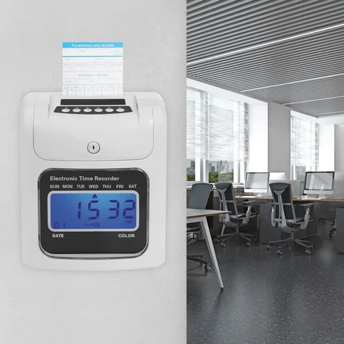 Vista 2 de Reloj de cálculo de tiempo, grabadora de tiempo electrónica, Punch Pak, máquina de entrada y salida para empleados, incluye 50 tarjetas de tiempo