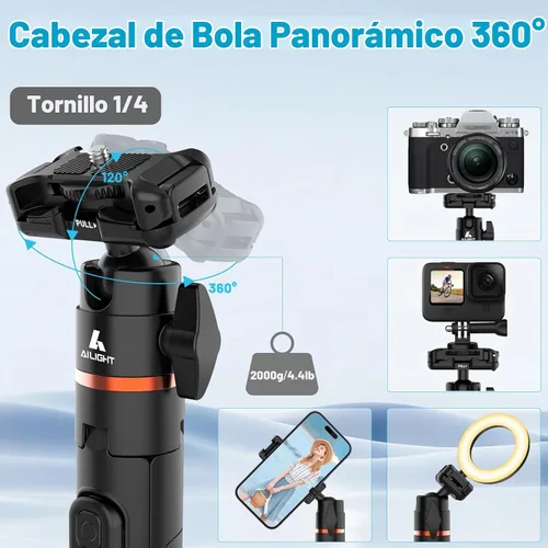 Vista 2 de Ailight Trípode de viaje extensible de 60 pulgadas y palo selfie con zapata fría y control remoto inalámbrico, cabeza de bola de 360° para vlogging