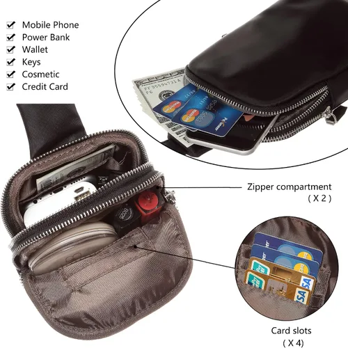 Vista 3 de NEICOA Cangureras pequeñas cruzadas de nailon para mujeres y hombres, bolsa de cinturón de hombro para viajes, senderismo, deporte, negro (I-Black)