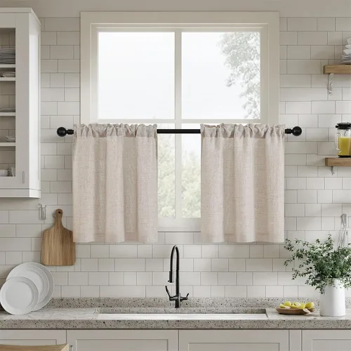 Vista 39 de Cortinas de cocina de lino semitransparente beige de 24 pulgadas de largo, 2 paneles Cream, Cafe Short Curtains, for Bathroom Small Windows, Light