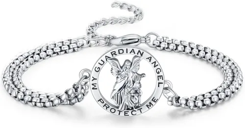 Vista 32 de Pulsera unisex de San Miguel/Cristóbal/Benedicto/Jude/José/Guadalupe/Ángel de la Guarda/Santa Muerte Pulsera de plata de ley 925 con cadena de doble