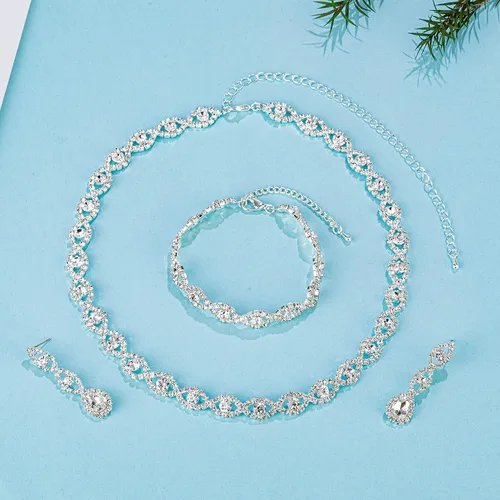 Vista 4 de Paxuan - Juego de joyas con collar, pulsera y aretes, para mujer, con cristales de diamantes de imitación, para novias y bodas