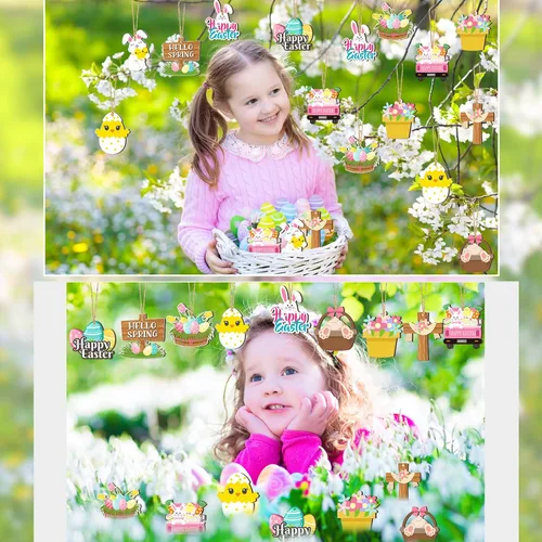Vista 4 de Marsui 24 adornos de Pascua para árbol, feliz Pascua, adornos colgantes de madera, huevo, conejo, primavera, árbol, gnomo, pollo, rebanadas