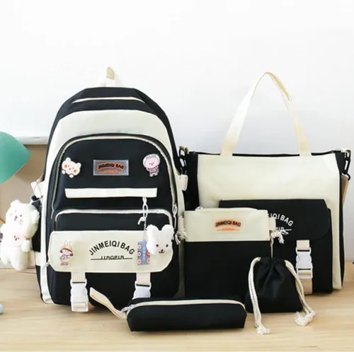 Vista 4 de MIFJNF Mochila kawaii de 5 piezas para la escuela, mochila estética kawaii, suministros escolares Kawaii, conjunto de mochila con accesorios, Negro