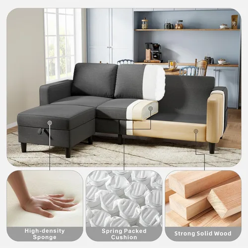 Vista 3 de Sofá modular para sala de estar, sofá gris oscuro de 3 plazas en forma de L con otomana de almacenamiento, cómodos sofás seccionales convertibles