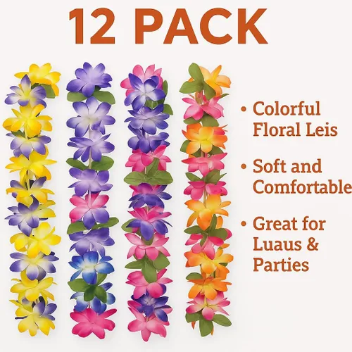 Vista 2 de Paquete de 12 Leis hawaianos para fiesta Luau, pétalos completos suaves