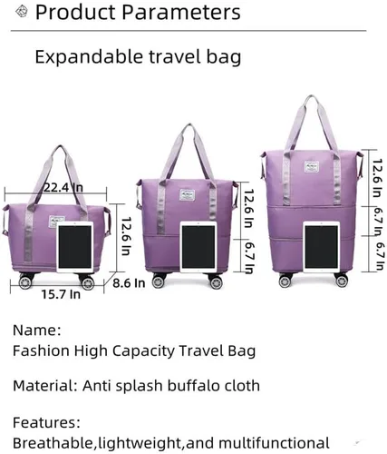 Vista 2 de Bolsa de equipaje plegable de doble capa, expandible, gran capacidad, separación seca y húmeda, bolsa de lona con ruedas, Rosado, Moda