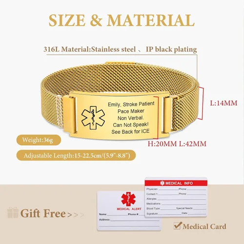 Vista 38 de VNOX Pulsera de identificación de alerta médica para hombres y mujeres, pulseras de alerta médica con grabado personalizado para mujeres y hombres