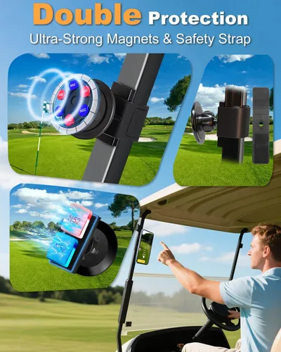 Vista 4 de Soporte magnético para carrito de golf con imanes fuertes y correa de seguridad, doble protección, apto para Magsafe iPhone/Galaxy/Google Pixel