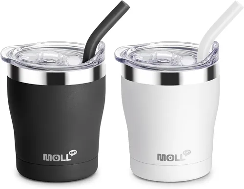 Vista 10 de Taza para niños Mollcity - Vaso de 9 oz con tapa y pajita de acero inoxidable, vaso aislado al vacío de doble pared para niños, a prueba