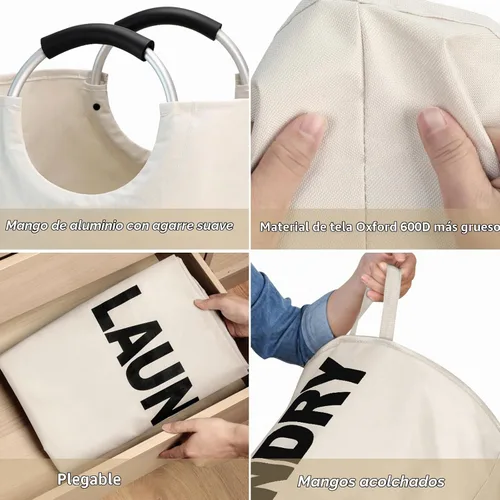 Vista 6 de Maxsilan - Cesta de lavandería grande de 90 L, cesta de ropa alta independiente, bolsa de lavandería plegable, color beige Freestanding tall