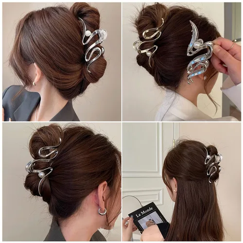 Vista 7 de Pinzas de pelo de cinta plateada de metal con perlas, accesorios para el cabello para mujeres y niñas, elegantes pinzas para el cabello ondulado