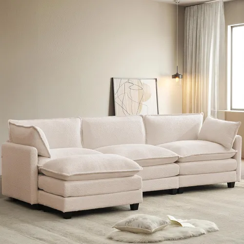 Vista 24 de ROWHY Sillón individual con otomano, sofá moderno de corduroy en forma de nube con chaise convertible, sofá tapizado para sala de estar, beige