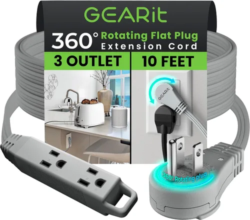 Vista 19 de GEARit Cable de extensión de enchufe plano giratorio de 360° de 3 pies, cable de alimentación de perfil bajo de 3 salidas, ahorro de espacio