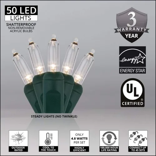 Vista 2 de Juego de luces navideñas pequeñas, estilo tradicional T5, para decoración de interior o exterior, de 120 voltios, con cable verde, con certificado
