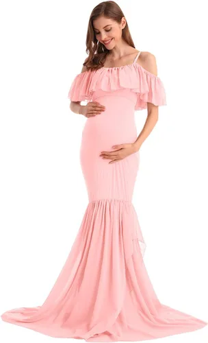 Vista 33 de MYRISAM Vestido de maternidad con volantes y hombros descubiertos para mujer, vestido de fiesta de sirena de gasa, vestido ajustado