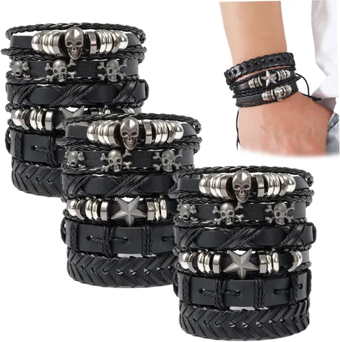 Vista 4 de Black Leather Bracelet, 6Pcs/Set Adjustable Braided Soft Elastic Goth Bracelets, Rock Punk Halloween Skull Bracelet for Men Women
