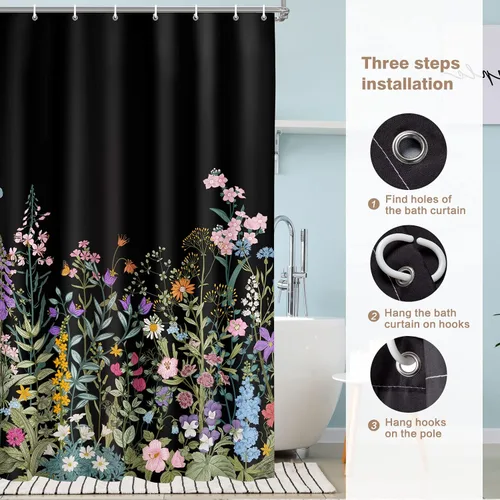 Vista 6 de Cortina de ducha Lalumix negra floral, cortinas de ducha con flores para baño con 12 ganchos, juegos de cortinas de ducha de tela de poliéster