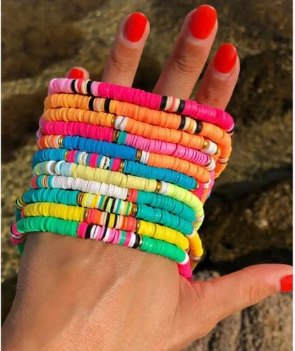 Vista 2 de NVENF Pulseras Heishi de arco iris para mujer, apilables, de vinilo africano, con cuentas, elásticas, bohemias, en capas, para surfistas, accesorios