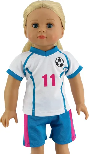 Vista 3 de American Fashion World Uniforme de fútbol rosa y azul para muñecas de 18 pulgadas Juego de 6 piezas Calidad premium y diseño moderno Ropa