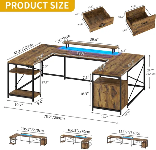 Vista 2 de DWVO Escritorio en forma de U con cajones, escritorio reversible en forma de L de 79 pulgadas con tomas de corriente y luces LED, escritorio