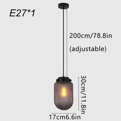 Vista 6 de 2 Pack Modern Smoke Gray Pendant Lights, Nordic Cylindrical Striped Glass Shade Ceiling Hanging Lighting, Adjustable Height E27/E26 Sockets