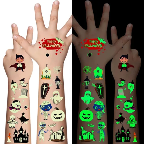 Vista 10 de 10 piezas de 100 tipos de tatuajes temporales luminosos de dibujos animados para niños, esqueletos de azúcar, esqueletos, piedras preciosas, flores