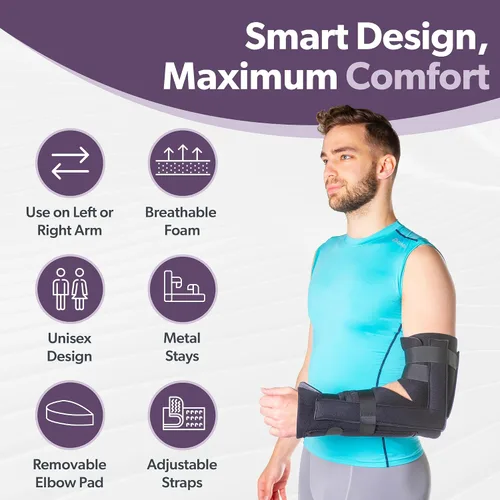 Vista 7 de BraceAbility Soporte inmovilizador de codo Férula de ortesis de antebrazo de brazo largo extraíble para antebrazo blando para suprarcondilo roto