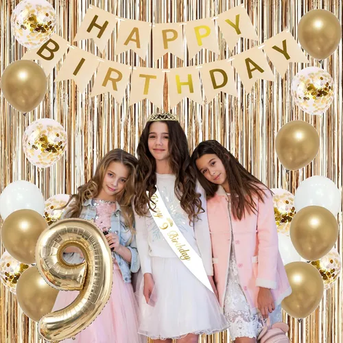 Vista 9 de Trgowaul Decoraciones de 9º cumpleaños para niñas, pancarta, banda y corona, decoración de pastel, globo de número 9, cortinas de flecos