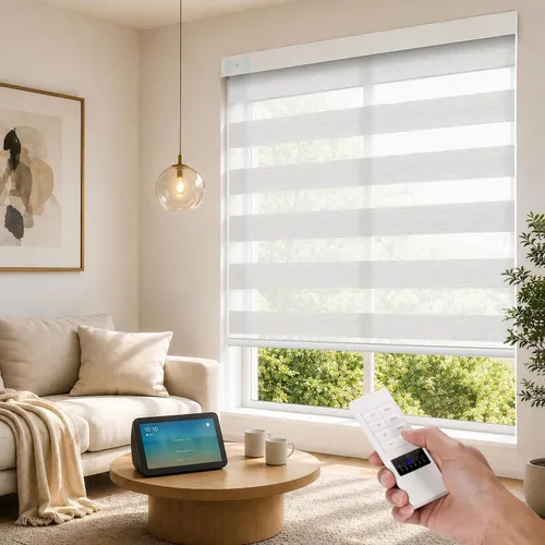 Vista 15 de ACMEART Persianas motorizadas de cebra con control remoto, persianas automáticas de doble capa, persianas eléctricas opacas para oficina del hogar
