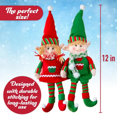 Vista 4 de Muñecas de peluche de Navidad de elfo, juego de 2 elfos de 12 pulgadas para niños y niñas, juguetes de estante de felpa divertidas, decoraciones