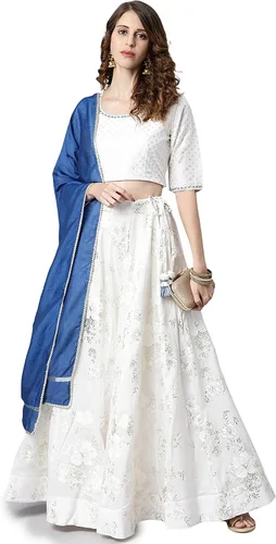 Vista 3 de Janasya Lehenga Choli de poli seda blanca con Dupatta para mujer, Blanco